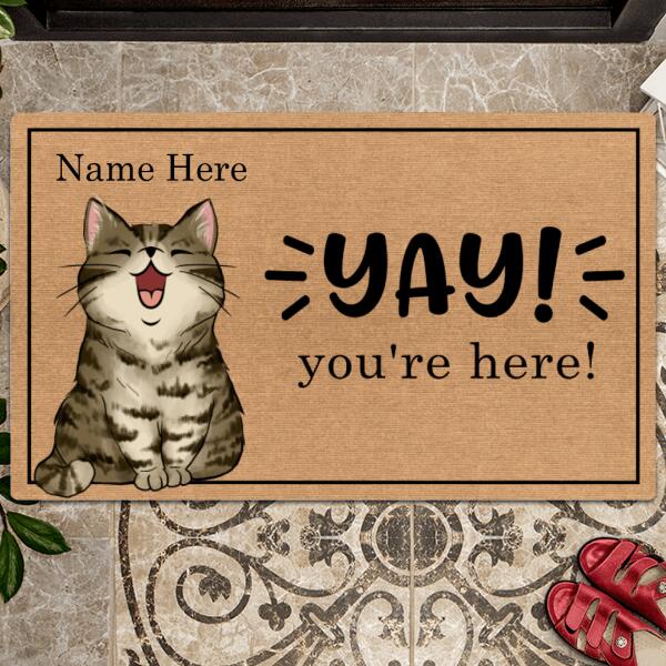 Yay, You're Here, Cat Welcome Mat Funny, Cat Rug, Cat Dad Gift, Housewarming Gift, Personalized Gift For Cat Lovers