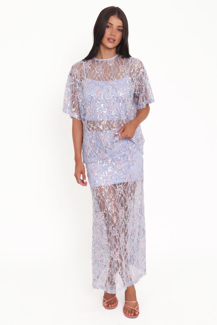 Petal and Pup USA BOTTOMS Yonder Sheer Panel Lace Maxi Skirt - Purple