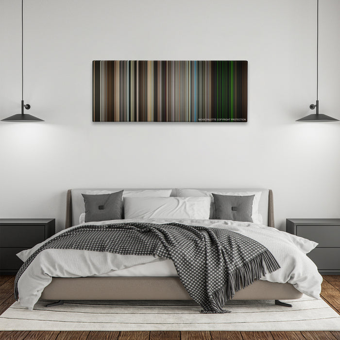 Zero Dark Thirty color palette canvas above a bed, between two black pendant lamps