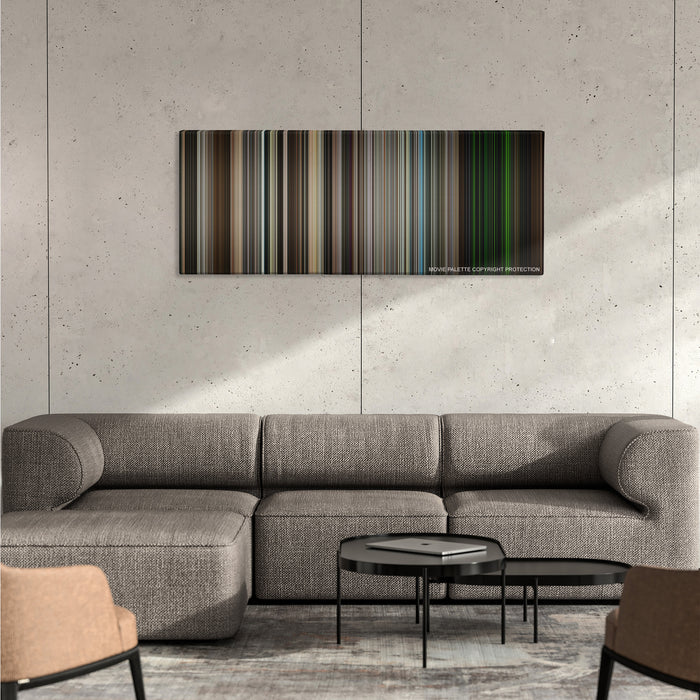 Zero Dark Thirty color palette canvas on a concrete wall above a gray sectional sofa